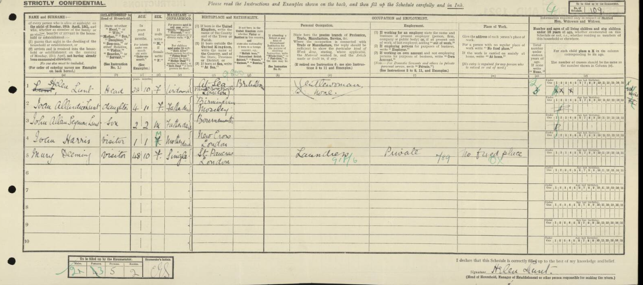 1921 Census record Helen Lunt